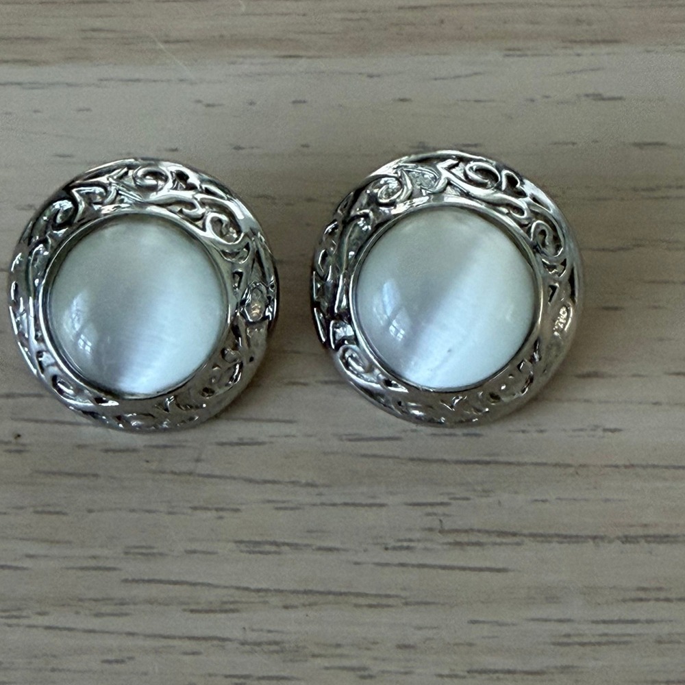 Vintage Silver Tone White Cats Eye Filigree Clip On Button Earrings